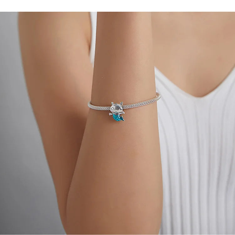 BISAER 925 Sterling Silver Charm Ocean Style Fish Dolphin Mermaid Shell Blue CZ Bead For Necklace&Bracelet DIY Fine Jewelry Gift