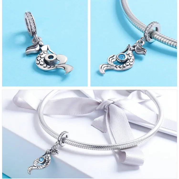BISAER 925 Sterling Silver Charm Ocean Style Fish Dolphin Mermaid Shell Blue CZ Bead For Necklace&Bracelet DIY Fine Jewelry Gift