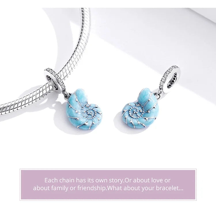 BISAER 925 Sterling Silver Charm Ocean Style Fish Dolphin Mermaid Shell Blue CZ Bead For Necklace&Bracelet DIY Fine Jewelry Gift