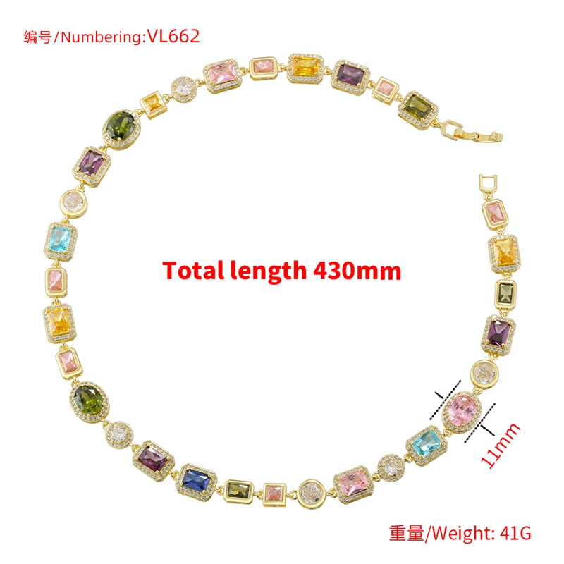 ZHUKOU 18K Golden Plated Spliced Colorful CZ Gemstone Bracelet Necklace With Hip Hop Style Unisex Couple Jewelry：VL561 VL562