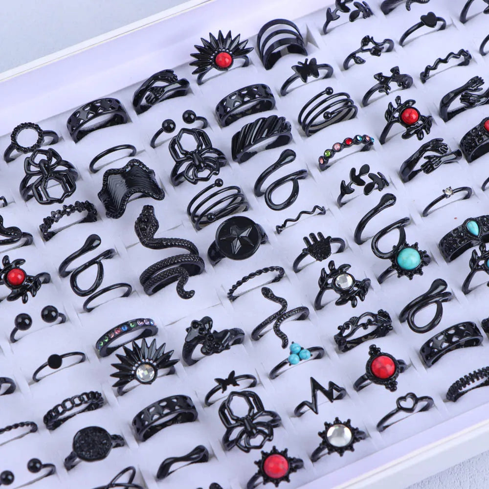 10/20/30/50Pcs/Lot Punk Finger Ring Set For Men Women Mix Style Flower Tai Ji Heart Love Snake Jewelry Party Gifts