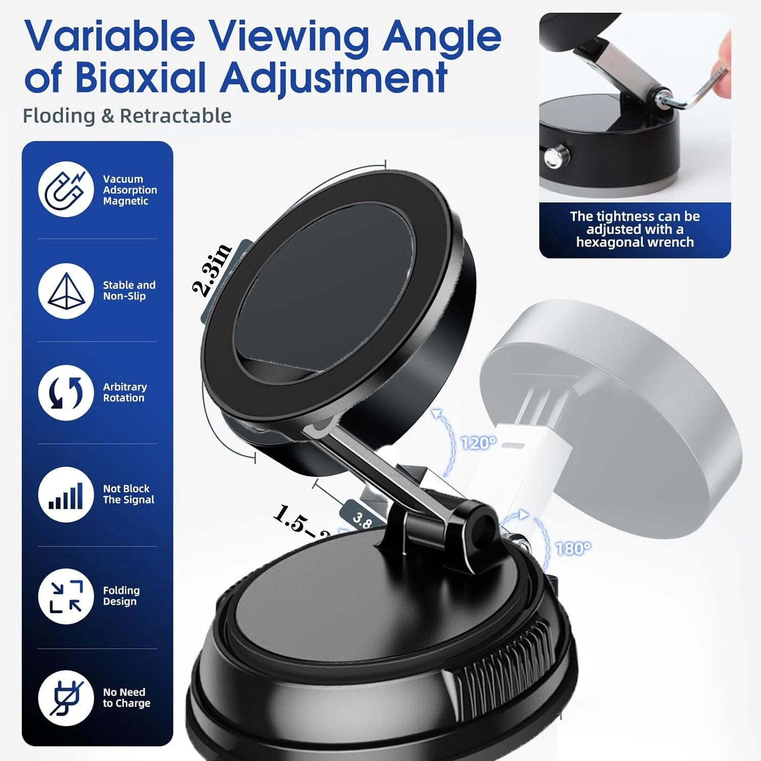 Upgraded Aluminum Alloy Vacuum Magnetic Car Phone Holder with 360° Rotation & Foldable Design Strong Magnetic Absorption