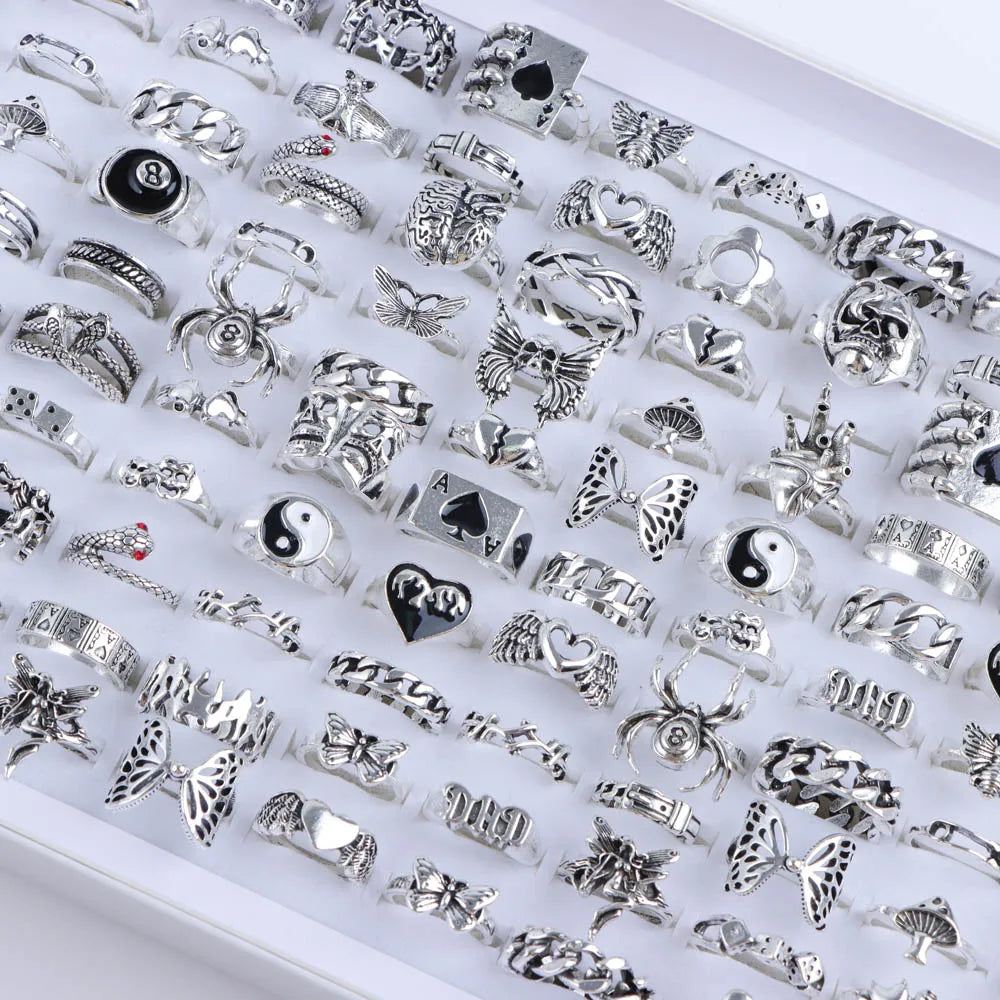 10/20/30/50Pcs/Lot Punk Finger Ring Set For Men Women Mix Style Flower Tai Ji Heart Love Snake Jewelry Party Gifts