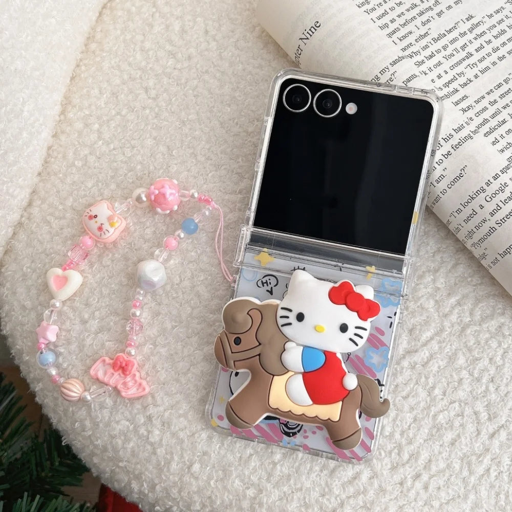 Cute Cartoon Sanrio Hello Kitty Stand Holder Phone Case For Samsung Galaxy Z Flip 7 FE  6 5 4 3 Case Hard TPU Cover With Lanyard