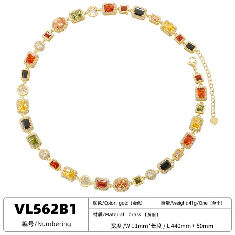 ZHUKOU 18K Golden Plated Spliced Colorful CZ Gemstone Bracelet Necklace With Hip Hop Style Unisex Couple Jewelry：VL561 VL562