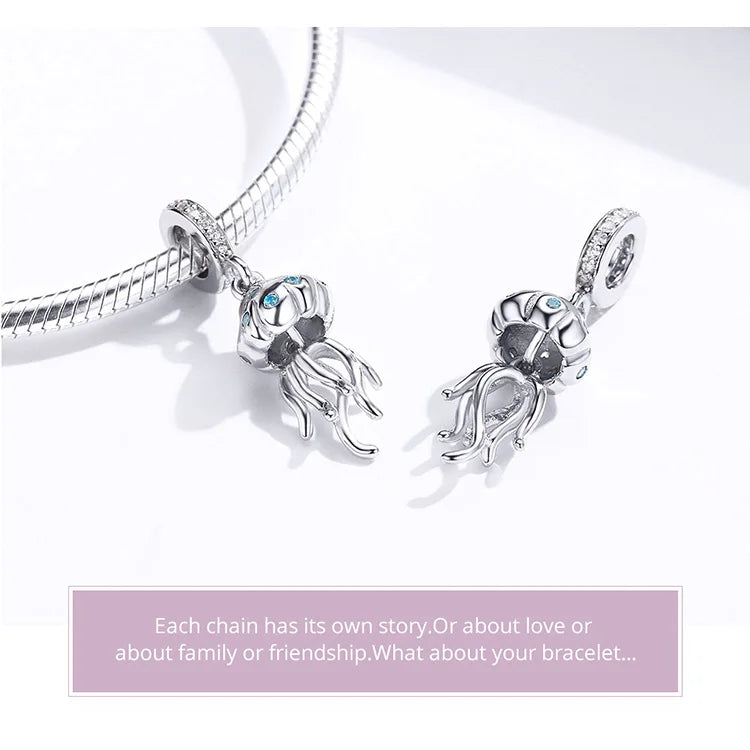 BISAER 925 Sterling Silver Charm Ocean Style Fish Dolphin Mermaid Shell Blue CZ Bead For Necklace&Bracelet DIY Fine Jewelry Gift