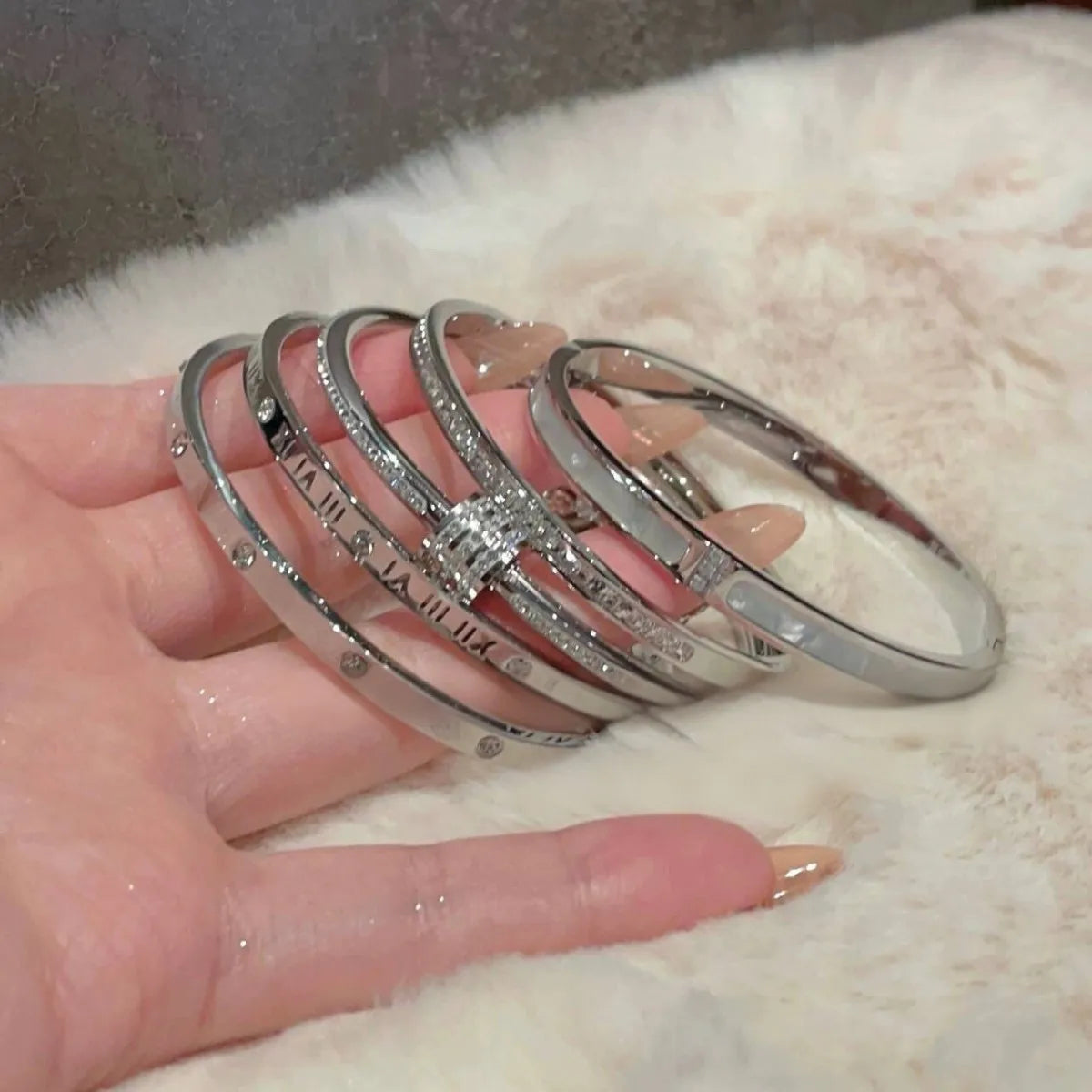 Yupsk 5Pcs/set Silver Color Stainless Steel Bracelet Shiny Zircon Inlaid Stackable Bangles Female Jewelry Gift