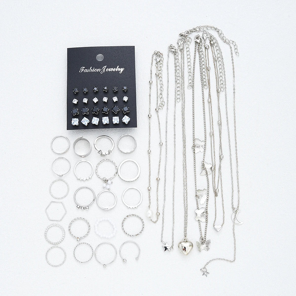 51 Pcs/Set Silver Color Chic Jewelry Set For Women Fashion Butterfly Heart Pearl Necklaces, Earrings, Rings, Match Daily Outfits