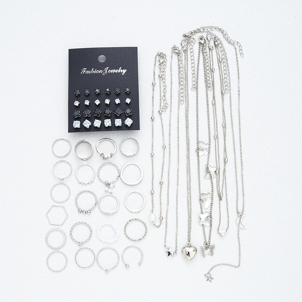 51 Pcs/Set Silver Color Chic Jewelry Set For Women Fashion Butterfly Heart Pearl Necklaces, Earrings, Rings, Match Daily Outfits