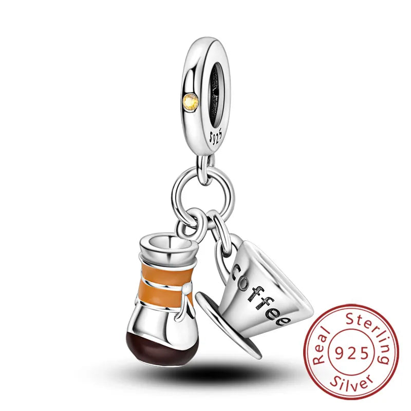 Fit Original 925 Sterling Silver Charms Beads Wine Glass Coffee Cup Charms Pendant For Women Bracelet Charms DIY Jewelry Gift