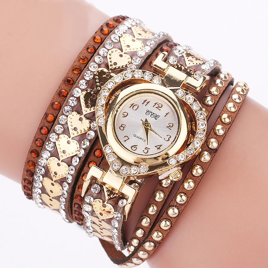 Fashion Rhinestone Heart Dial Women Watches Long Velvet Band Wristwatch
