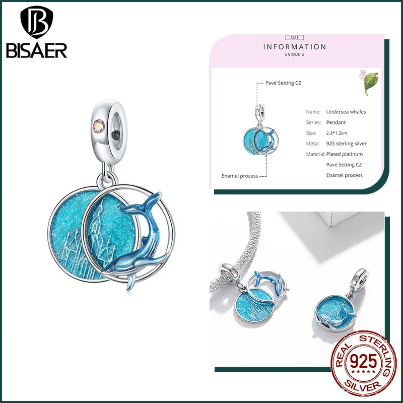 BISAER 925 Sterling Silver Charm Ocean Style Fish Dolphin Mermaid Shell Blue CZ Bead For Necklace&Bracelet DIY Fine Jewelry Gift