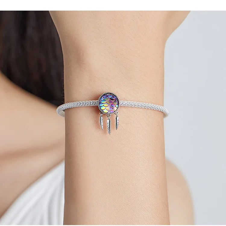 BISAER 925 Sterling Silver Charm Ocean Style Fish Dolphin Mermaid Shell Blue CZ Bead For Necklace&Bracelet DIY Fine Jewelry Gift