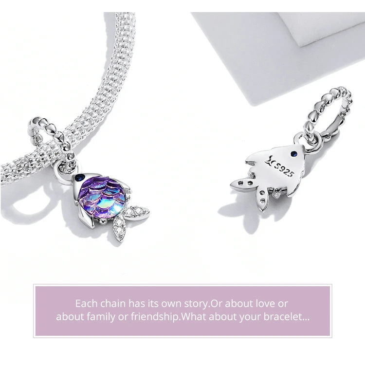 BISAER 925 Sterling Silver Charm Ocean Style Fish Dolphin Mermaid Shell Blue CZ Bead For Necklace&Bracelet DIY Fine Jewelry Gift