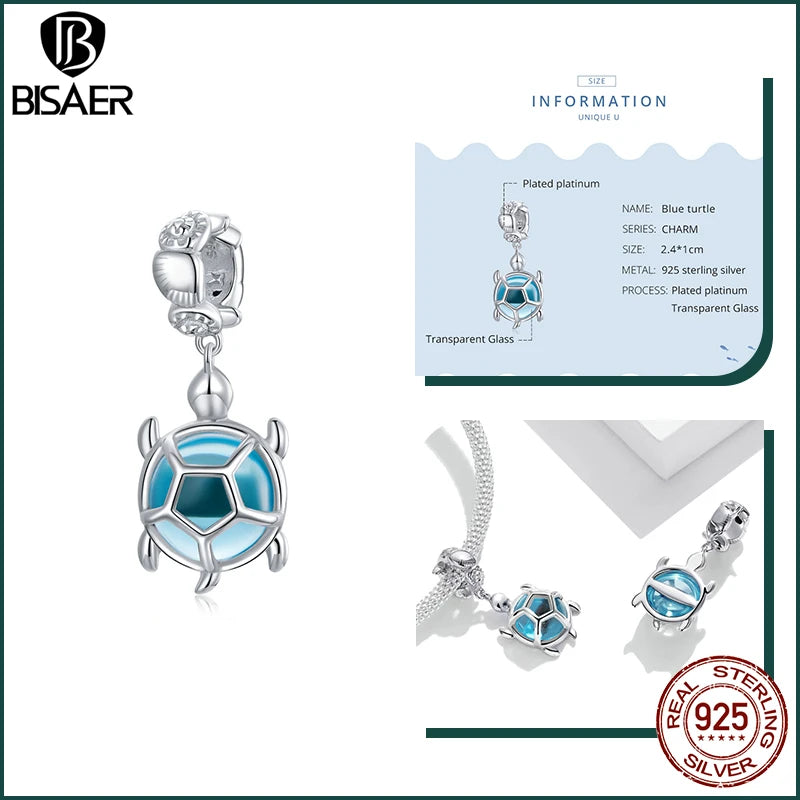 BISAER 925 Sterling Silver Charm Ocean Style Fish Dolphin Mermaid Shell Blue CZ Bead For Necklace&Bracelet DIY Fine Jewelry Gift