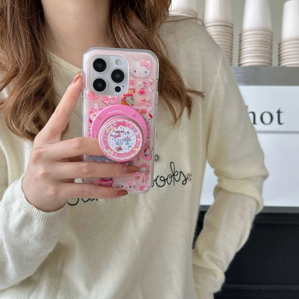Sticker 3D Cute Sanrio Hello Kitty Magnetic Holder Magsafe Wireless Charge Phone Case For iPhone 17 16 15 14 13 Pro Max Cover