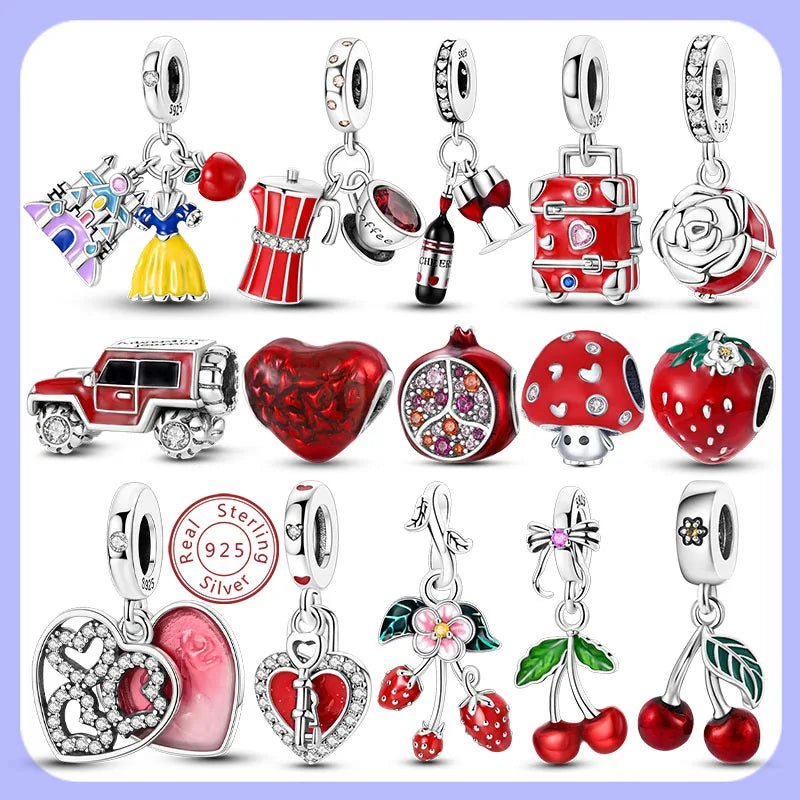 New 925 Sterling Silver Charms Bead Red Cherry Strawberry Love Heart Charm Fit Original Bracelet Pendant DIY Jewelry For Women