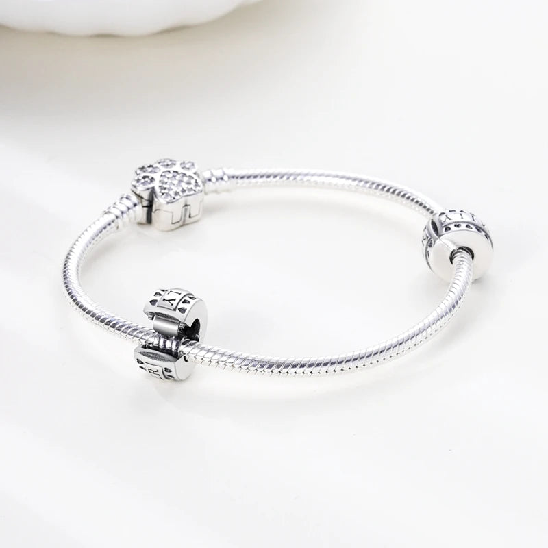 Silver Charm 925 Sterling Silver Clip Charms Safety Chain Charm CZ pave Round Clip Beads Fit Original Bracelet Jewelry Making