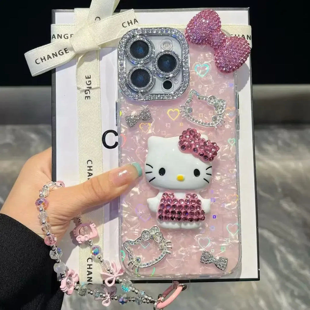 3D Stereoscopic Bling Glitter Phone Case For iPhone 17 16 15 14 13 12 11 Pro Max Cute Cartoon Sanrio Hello Kitty Hard Cover