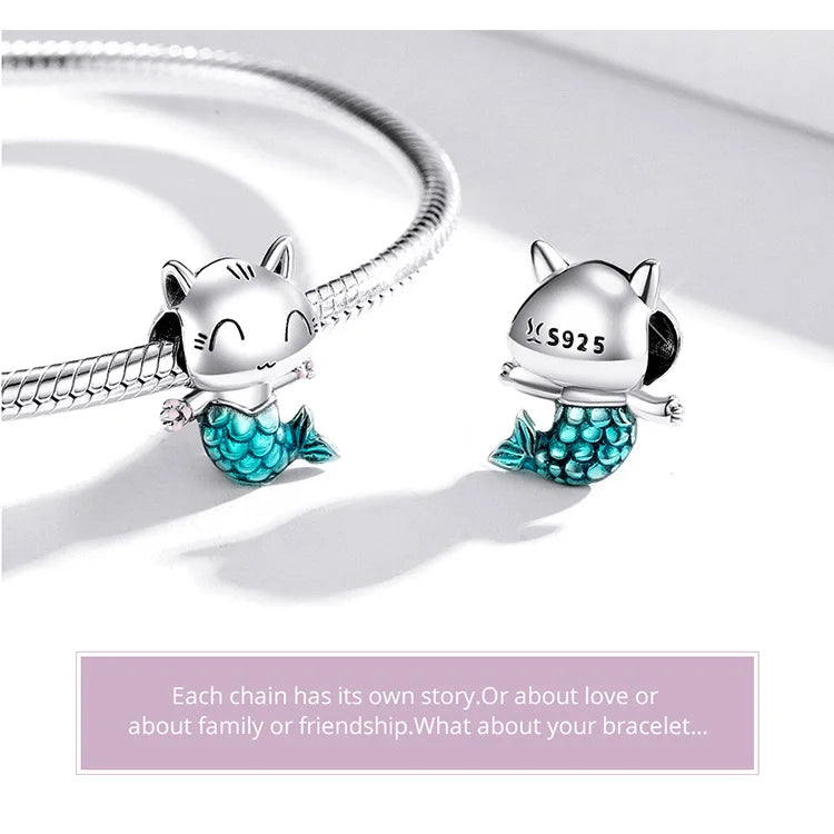 BISAER 925 Sterling Silver Charm Ocean Style Fish Dolphin Mermaid Shell Blue CZ Bead For Necklace&Bracelet DIY Fine Jewelry Gift