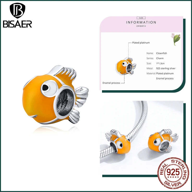 BISAER 925 Sterling Silver Charm Ocean Style Fish Dolphin Mermaid Shell Blue CZ Bead For Necklace&Bracelet DIY Fine Jewelry Gift