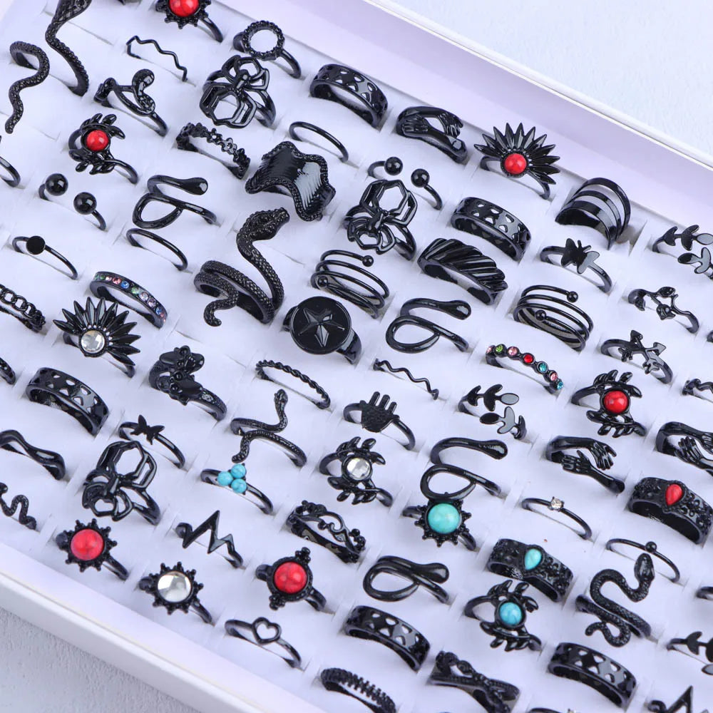 10/20/30/50Pcs/Lot Punk Finger Ring Set For Men Women Mix Style Flower Tai Ji Heart Love Snake Jewelry Party Gifts