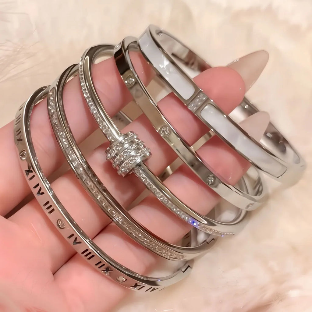 Yupsk 5Pcs/set Silver Color Stainless Steel Bracelet Shiny Zircon Inlaid Stackable Bangles Female Jewelry Gift
