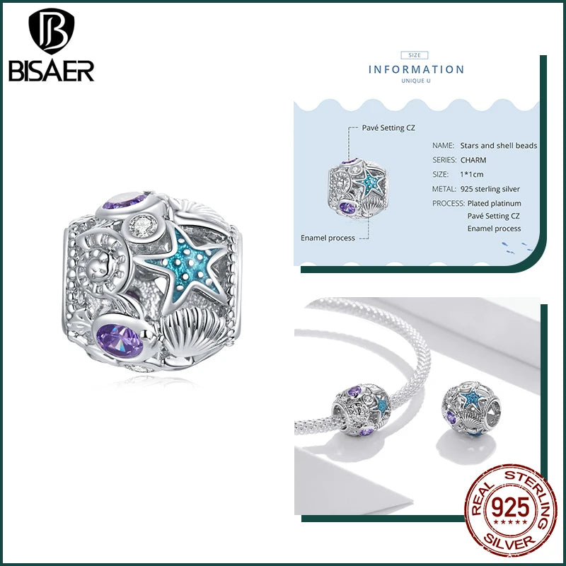 BISAER 925 Sterling Silver Charm Ocean Style Fish Dolphin Mermaid Shell Blue CZ Bead For Necklace&Bracelet DIY Fine Jewelry Gift