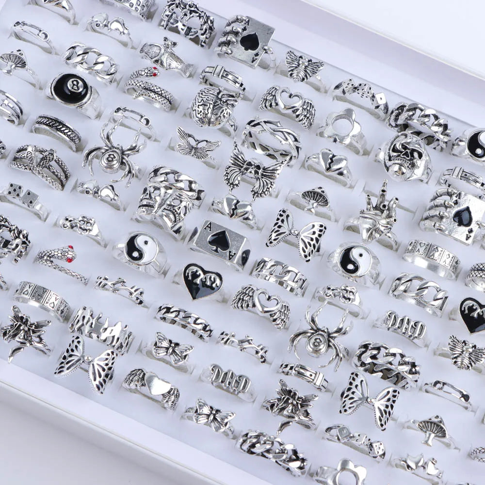 10/20/30/50Pcs/Lot Punk Finger Ring Set For Men Women Mix Style Flower Tai Ji Heart Love Snake Jewelry Party Gifts