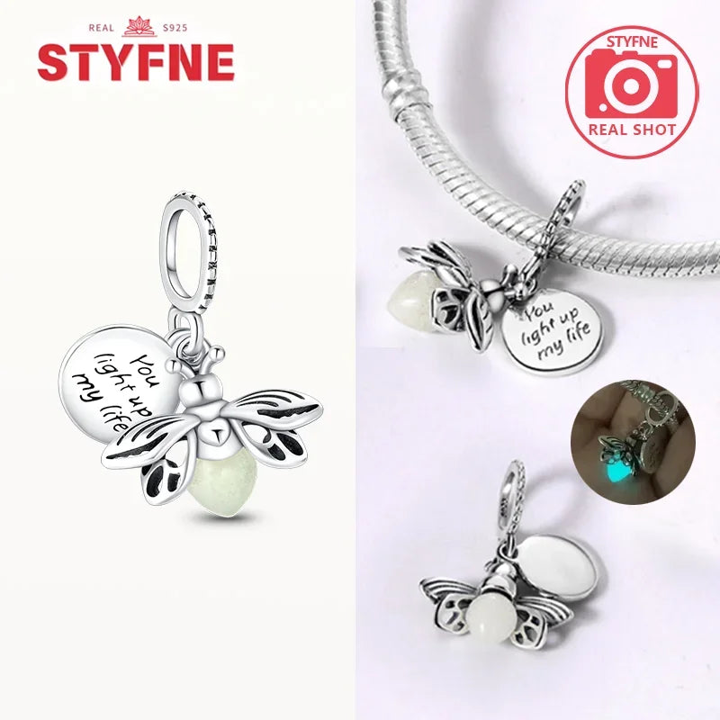 S925 Silver Glow-in-the-dark Firefly Charm Pendant Fit Original Charms Bracelet Gift Beads for Women Diy Fine Jewelry Gifts