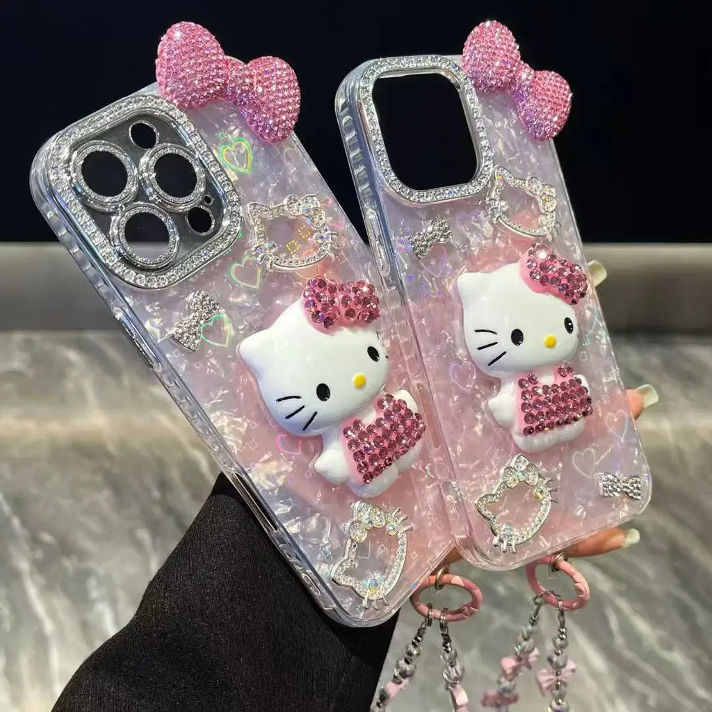 3D Stereoscopic Bling Glitter Phone Case For iPhone 17 16 15 14 13 12 11 Pro Max Cute Cartoon Sanrio Hello Kitty Hard Cover