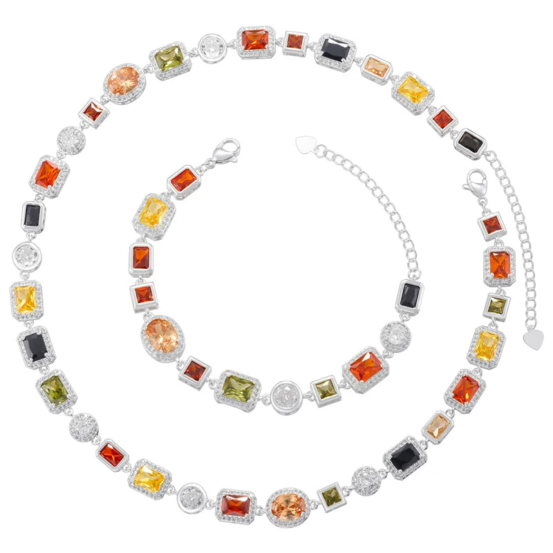 ZHUKOU 18K Golden Plated Spliced Colorful CZ Gemstone Bracelet Necklace With Hip Hop Style Unisex Couple Jewelry：VL561 VL562