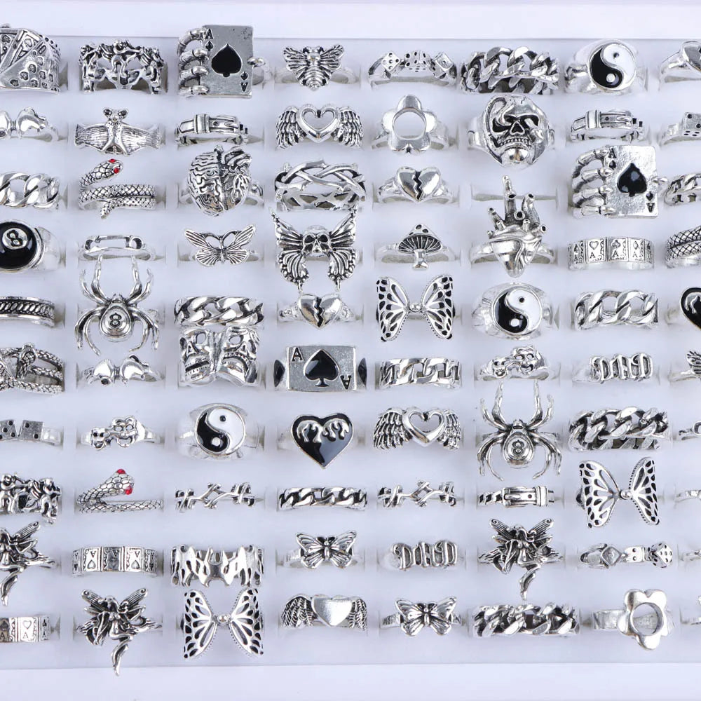 10/20/30/50Pcs/Lot Punk Finger Ring Set For Men Women Mix Style Flower Tai Ji Heart Love Snake Jewelry Party Gifts