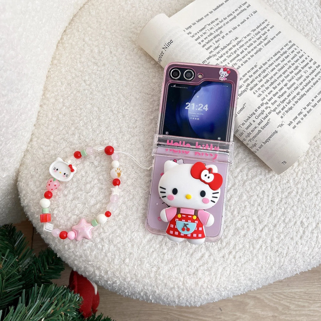 Cute Cartoon Sanrio Hello Kitty Stand Holder Phone Case For Samsung Galaxy Z Flip 7 FE  6 5 4 3 Case Hard TPU Cover With Lanyard