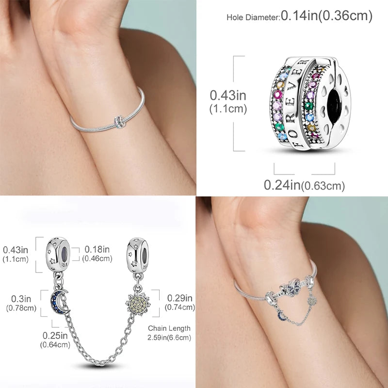 Silver Charm 925 Sterling Silver Clip Charms Safety Chain Charm CZ pave Round Clip Beads Fit Original Bracelet Jewelry Making