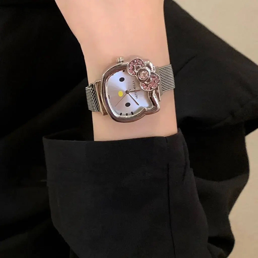 Hello Kitty Bow Diamond Watch Sanrio Anime Fashionable Quartz Watches Cute Cartoon Magnet Watches Girls Birthday Gifts