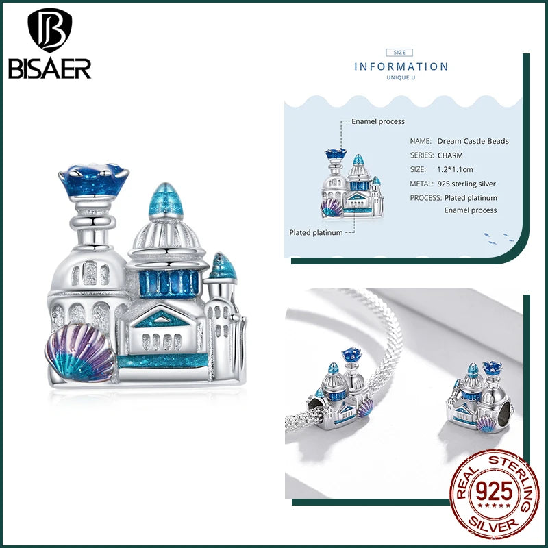 BISAER 925 Sterling Silver Charm Ocean Style Fish Dolphin Mermaid Shell Blue CZ Bead For Necklace&Bracelet DIY Fine Jewelry Gift