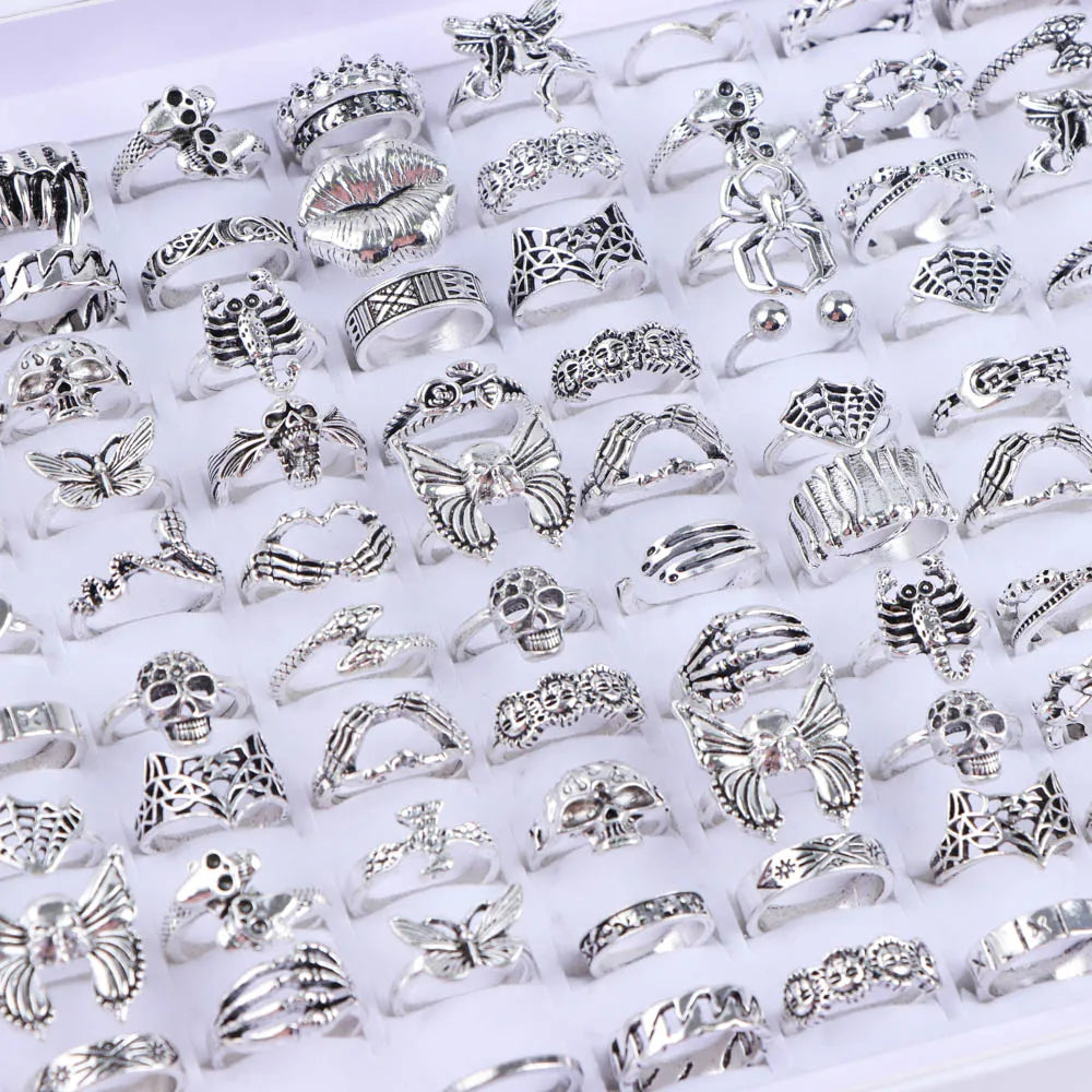 10/20/30/50Pcs/Lot Punk Finger Ring Set For Men Women Mix Style Flower Tai Ji Heart Love Snake Jewelry Party Gifts