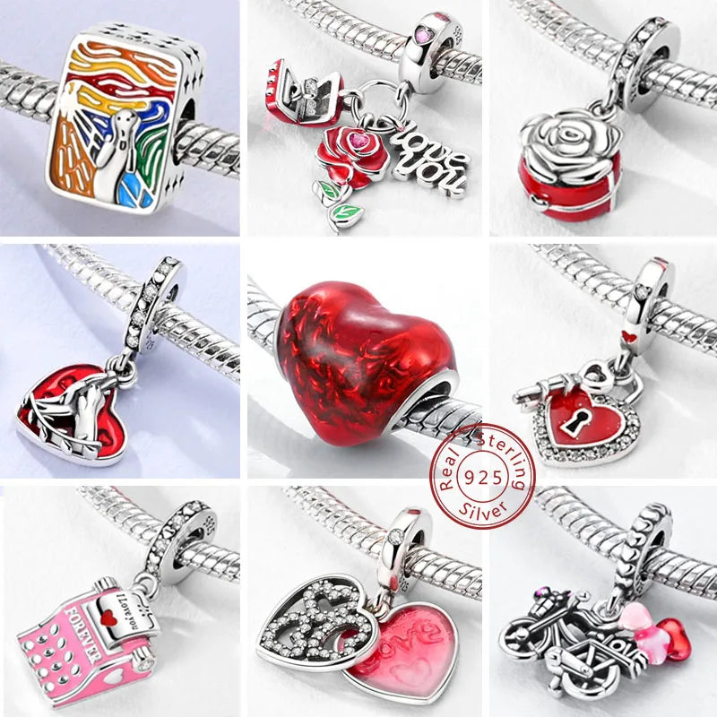 New 925 Sterling Silver Charms Bead Red Cherry Strawberry Love Heart Charm Fit Original Bracelet Pendant DIY Jewelry For Women
