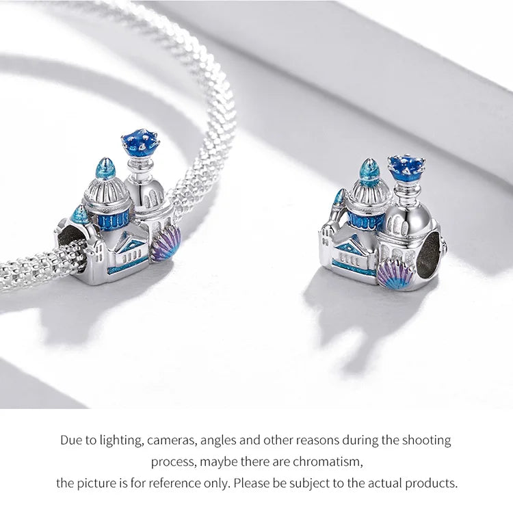 BISAER 925 Sterling Silver Charm Ocean Style Fish Dolphin Mermaid Shell Blue CZ Bead For Necklace&Bracelet DIY Fine Jewelry Gift