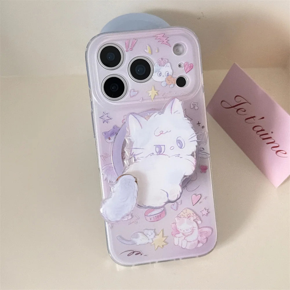 Korean INS Cute Kitten Magnetic Stand phone case for iPhone 13 14 15 17 Pro 16 Pro Max cartoon protective cover For Magsafe Case