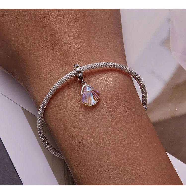 BISAER 925 Sterling Silver Charm Ocean Style Fish Dolphin Mermaid Shell Blue CZ Bead For Necklace&Bracelet DIY Fine Jewelry Gift
