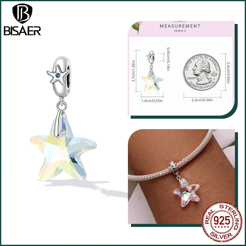 BISAER 925 Sterling Silver Charm Ocean Style Fish Dolphin Mermaid Shell Blue CZ Bead For Necklace&Bracelet DIY Fine Jewelry Gift