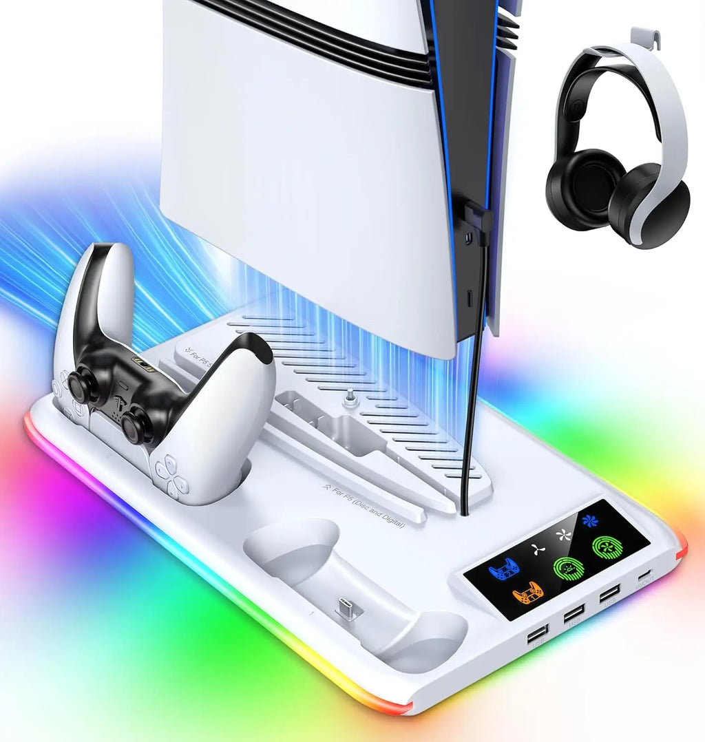 For PS5/Slim/Pro Cooling Stand with LED Controller Charging Station, 3-Gear Cooling Fan for PlayStation 5 Console Accessories