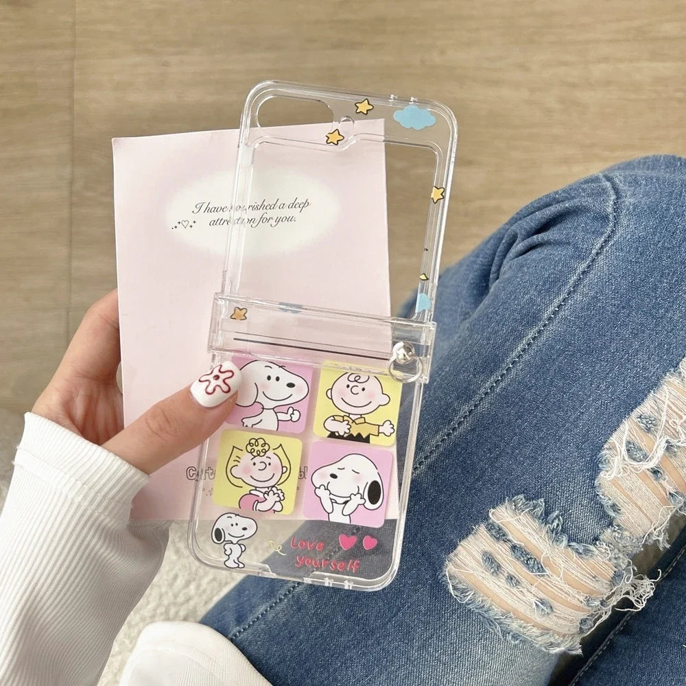 Cute Cartoon Snoopy Charlie Brown Stand Holder Phone Case For Samsung Galaxy Z Flip 7 6 5 4 3 Case Hard TPU Cover With Lanyard