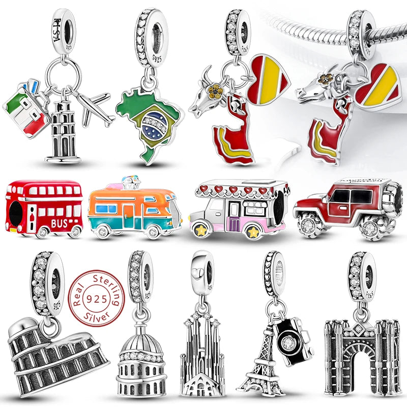 Original Charms Bead 925 Sterling Silver Paris Tower Car Map Castle Travel Charms Fit Pendant Bracelets Women DIY Jewelry Making