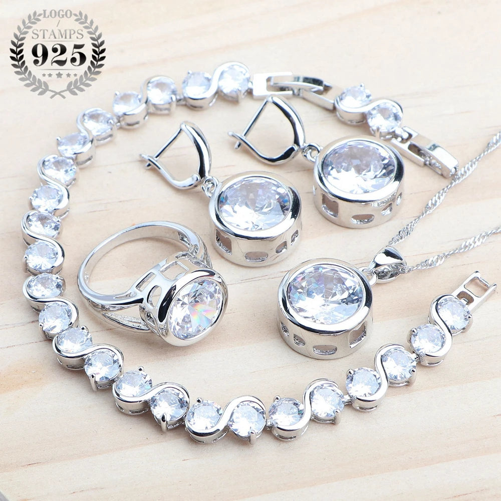 925 Sterling Silver Jewelry Sets Bridal Women Natural Magic Rainbow Zircon Earrings Ring Bracelets Pendant Wedding Necklace Set