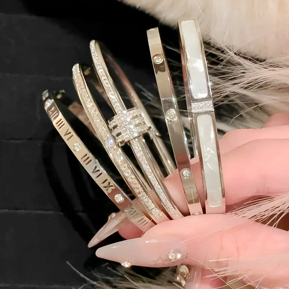 Yupsk 5Pcs/set Silver Color Stainless Steel Bracelet Shiny Zircon Inlaid Stackable Bangles Female Jewelry Gift