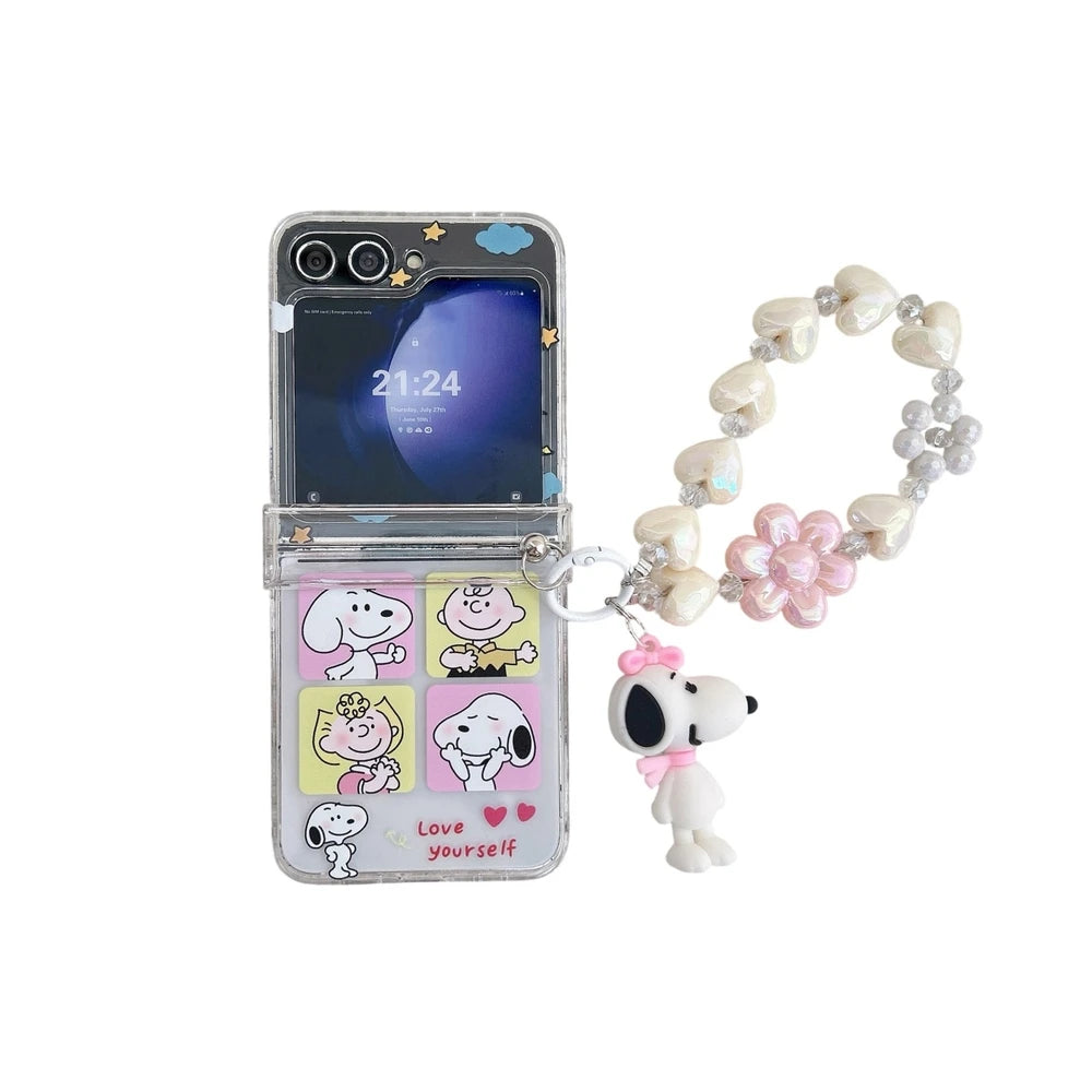 Cute Cartoon Snoopy Charlie Brown Stand Holder Phone Case For Samsung Galaxy Z Flip 7 6 5 4 3 Case Hard TPU Cover With Lanyard