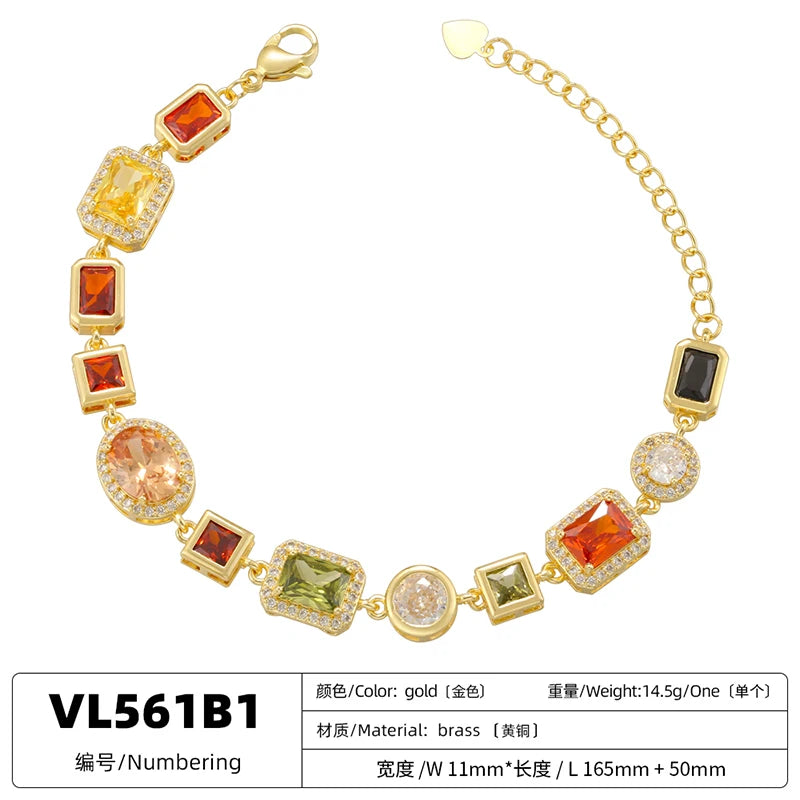 ZHUKOU 18K Golden Plated Spliced Colorful CZ Gemstone Bracelet Necklace With Hip Hop Style Unisex Couple Jewelry：VL561 VL562